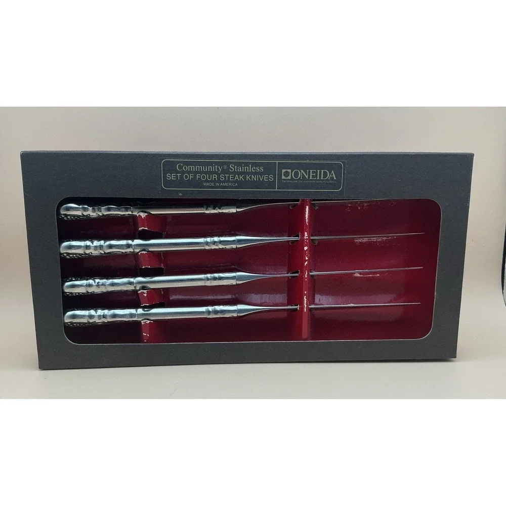 Vtg Oneida Community Stainless Steak Knives Set of 4 Ornate Handle, New Open Box